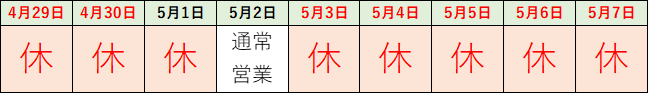 2023年4月29日から5月1日まで休業  　　　 5月2日は通常営業  　　　 5月3日から5月7日まで休業